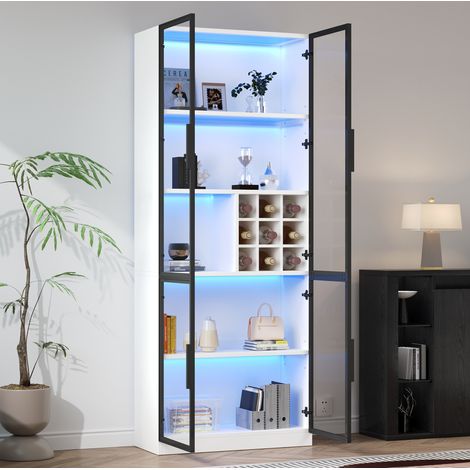 Vitrine haute 80 x 35 x 200 cm avec portes vitrées, LED, casier à vin, blanc REDOM (1/5)