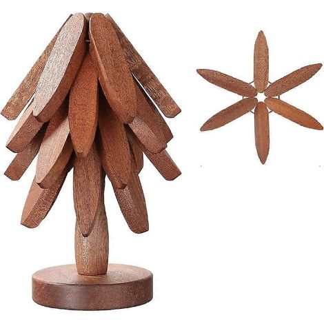 Ensemble de dessous de plat en bois en forme de sapin de Noël - Comprend 5 dessous de plat pliables et 1 support, idéal pour protéger la vaisselle et la table. (1/5)