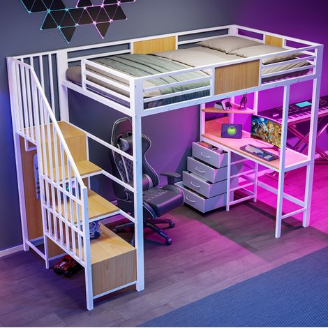 REDOM - Cama alta 90x200 cm - con escritorio - almacenaje - perchero - enchufe y LED de metal - blanco