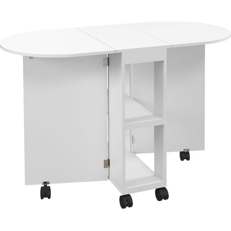 White Drop Leaf Dining Table for Four with Wheels-Space-Saving and Portable Design