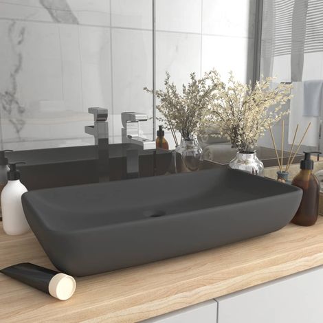 Vasque à poser Lavabo de luxe,Bac à laver,Évier rectangulaire Gris foncé mat 71x38 cm Céramique MEMV165910 (1/5)