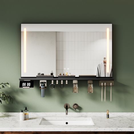 SIRHONA 100×60cm Miroir lumineux de salle de bain avec étagère de rangement, antibuée, éclairage 3 couleurs, éclairage réglable, bandes lumineuses doubles latérales