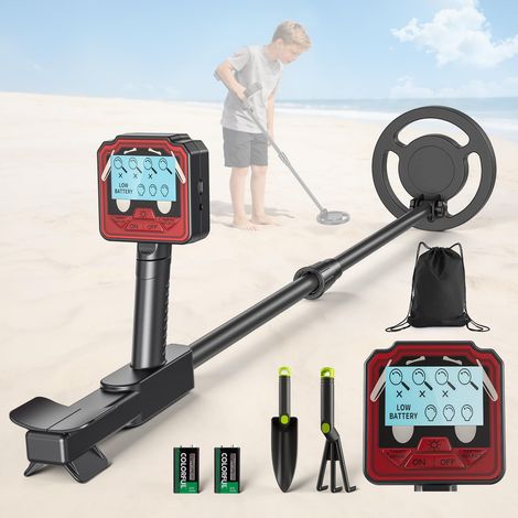 Detecteur Metaux Enfant, Detecteur de Metaux Enfant avec Tige Réglable, 2 Modes, écran LCD, Bobine de Recherche étanche, Sensibilité Détecteurs de Métaux pour Enfants avec Sac Pelle Râteau (1/5)