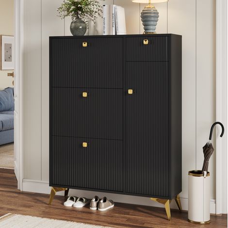 Meuble à chaussures noir avec 3 abattants, 1 tiroir et 1 porte, 90x25x121 cm (1/5)