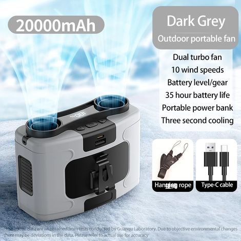 Ventilateur ceinture gris 15 W, refroidissement rapide, 10 vitesses, double moteur, batterie 20 000 mAh (1/5)