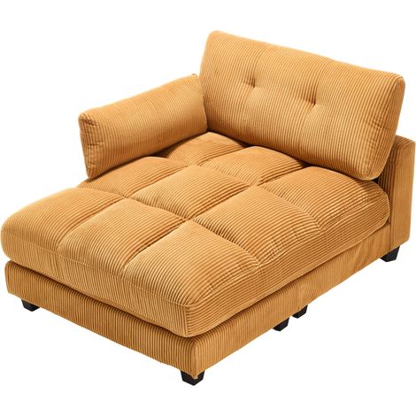 Poltrona lounge in velluto a coste giallo senape con porta bicchieri, tasca laterale e porta USB (1/5)