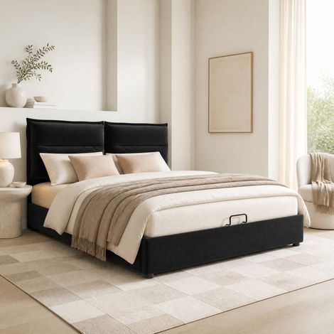 DESMIU Lit coffre Lit double avec rangement hydraulique et tête de lit réglable 140 × 200 cm, sans matelas, noir (1/5)