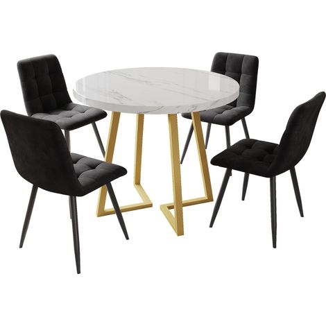 5-teiliges Esszimmer-Set: runder 80-cm-Tisch aus weißem MDF mit goldenen Beinen und 4 Stühlen (1/5)