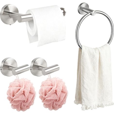 Ensemble de 4 accessoires de salle de bain comprenant un porte-papier toilette, un porte-serviettes, un anneau de serviette en acier inoxydable et un crochet pour peignoir, finition argent chromé (1/5)