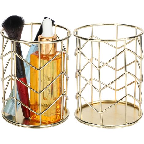 Porte-stylos et pinceaux 2 pièces en or - Organisateur de bureau multifonction pour maquillage et fournitures (1/5)