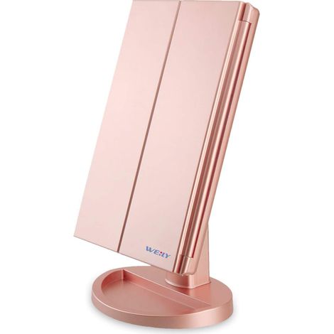 Miroir de Maquillage, 1x / 2X / 3X Miroir de Maquillage à Trois Volets avec 21 lumières LED et Miroir réglable à écran Tactile Miroirs de comptoir cosmétiques(Or Rose) (1/5)