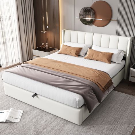 Bett Doppelbett mit Stauraum 160x200 PU Weiß OKMYHOME (1/5)