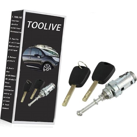 Kit serrure et barillet pour porte avant gauche Citroën C2 C3 C3 Pluriel – 2 clés – Matériau zinc – Dimensions 4x4x12cm (1/4)