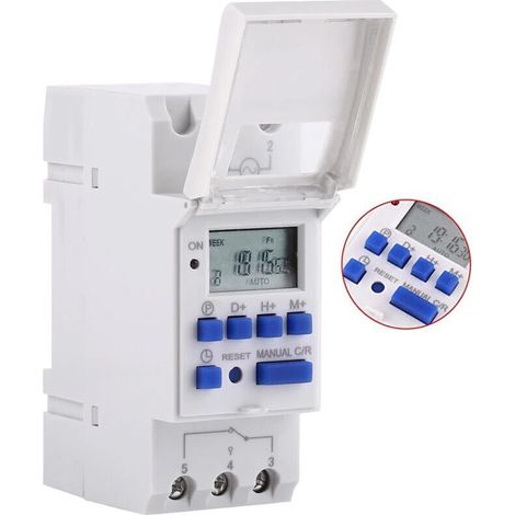 Minuterie programmable hebdomadaire 220V – Afficheur LCD – 16 ON/OFF – Rail DIN – Précision à la minute – Capacité 25A – (1/5)