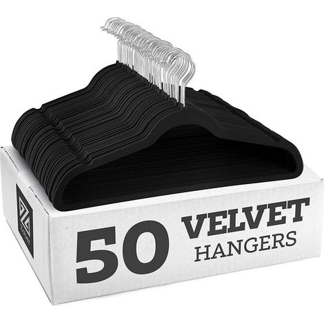 Lot de 10 cintres en Velours de qualité supérieure antidérapants et résistant 45 cm avec Barre à Cravate, Crochets pivotants à 360°, Robustes pour Tenir Pulls, Vestes et Sweats à Capuche(Noir) (1/5)