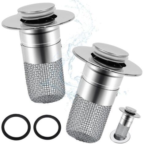 QORVA-Lot de 2 bouchons de lavabo 2 en 1 avec tamis de vidange (argenté) : fonction pop-up, universel 34-40 mm, avec filtre à cheveux et bouchon de vidange. Pour lavabo de salle de bain, cuisine et pl (1/5)