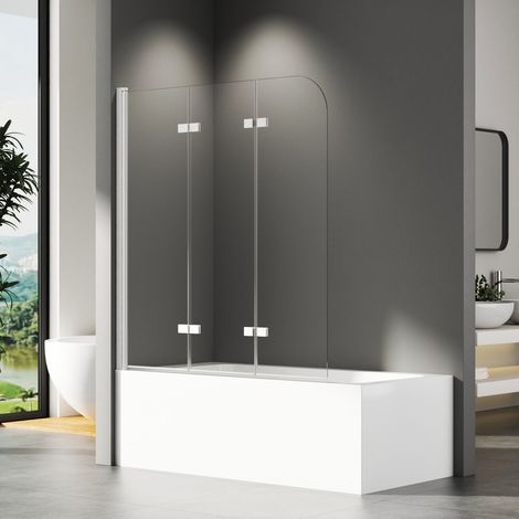 Weiß Duschwand für Badewanne 120x140 cm Badewannenaufsatz 3-teilig Duschtrennwand für Badewanne Duschwand Badewanne Faltwand Duschabtrennung Badewanne, 6mm ESG Glas
