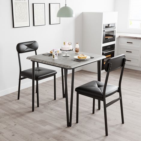 Ensemble de table de cuisine 3 pièces,Table et chaises pour 2, table de salle à manger carrée en métal et bois avec 2 chaises rembourrées, table de salle à manger pour petits espaces, gris (1/5)