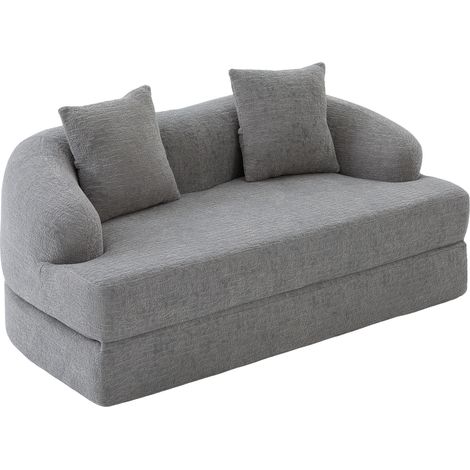 Sofá cama de 2 plazas convertible en tejido chenilla gris claro con 2 cojines (1/5)