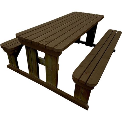 7ft (210cm) Picnic table and bench set, rutic brown finish, Abies rounded corners