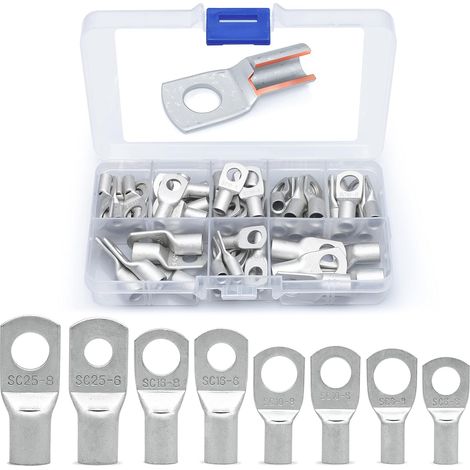 60 Pcs Cosses Électrique Trou boulon en Cuivre Étamé Connecteurs SC à sertir/souder pour câble de 6m㎡ 8m㎡ 10m㎡ 16m㎡ 25m㎡ (1/5)