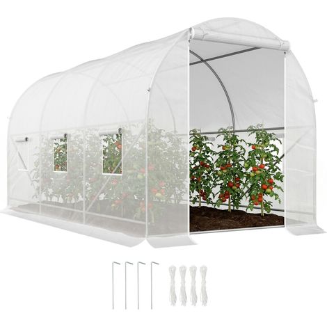 Serre tunnel 350 x 200 x 200 cm, serre à tomates avec porte et fenêtre, tunnel en acier galvanisé, serre tunnel pour plantes, ancrages au sol et cordes inclus, tunnel de jardin, blanc (1/5)