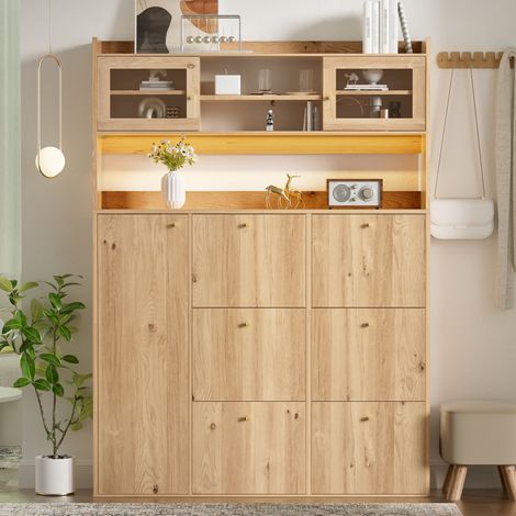 Zapatero con LED y cristal, 6 abatibles de doble nivel, natural, OKMYHOME (1/5)