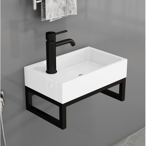 Vasque suspendue compact en céramique mate blanche, avec cadre métallique et trop-plein, 40x21x25 cm (1/5)