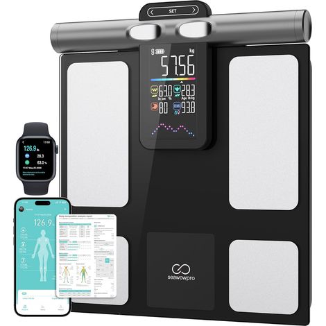 Balance Connectée Pèse Personne Impédancemètre Balance Digitale avec 8 Electrodes, Haute Précision, Composition Corporelle Complète avec 28 Données de Base, Grand écran LED,Noir (1/5)