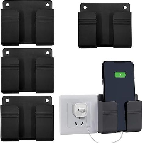 Set mit 4 wandmontierten Handyhaltern mit Klebefläche, Ladestation, Kabelorganisator, Multifunktionsbox für Dusche und Bett (Schwarz) (1/5)