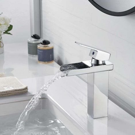 Waschbeckenarmatur aus verchromtem Messing mit Wasserfallauslauf – Breiter Auslauf für effizienten Wasserdurchfluss – G3/8-Anschluss – Leicht zu reinigen – Crezuo