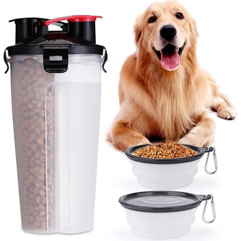 Tragbare Wasserflasche und Futterbehälter 2 in 1 mit 2 zusammenklappbaren Schüsseln für Hunde, Katzen, Welpen, Welpen, Wasserspender für Autofahrten, große Größe, BPA-frei (1/5)
