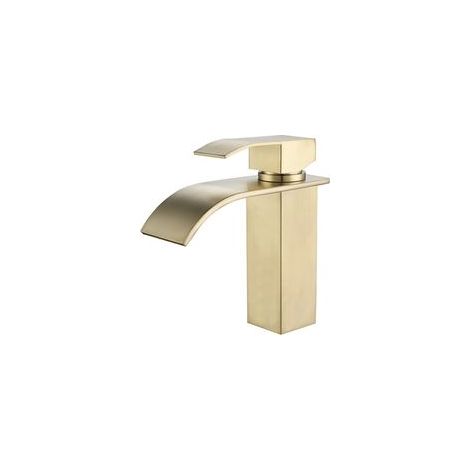Moderner goldener Wasserfall-Waschtischhahn, Badezimmer-Mischbatterie mit einstellbarem Warm- und Kaltwasser (1/4)