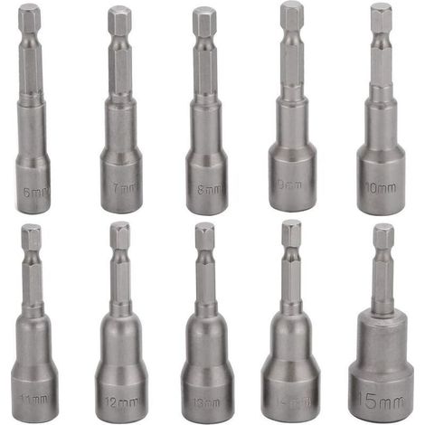 Jeu de 10 embouts de clé à chocs 6-15 mm Jeu de douilles hexagonales magnétiques Jeu d'embouts magnétiques Jeu de douilles hexagonales 1/4" pour mandrin à changement rapide (1/5)