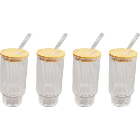 4-teiliges Set Vintage-Trinkgläser, stapelbar, wunderschön, für Kaffee, Eiskaffee, Saft und Bier, 473 ml (16 oz), vertikale Maserung, 4 Strohhalme, 4 Deckel, Glas und Bambus. (1/5)