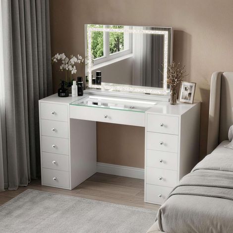 FENCHILIN Coiffeuse avec Miroir LED Bluetooth 11 Tiroirs Blanc 130 x 55 x 139 cm