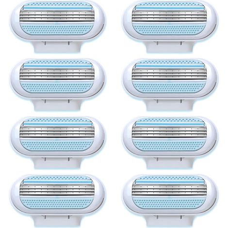 Recambios de 8 hojas de afeitar para mujer de 3 hojas con banda lubricante protectora. Cuchillas de afeitar ultracómodas, ideales para un afeitado suave y preciso (azul). (1/5)