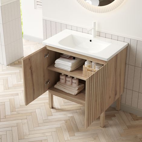 Badmöbel 80,5 cm mit Keramikwaschbecken, 2 Türen, Weiß-Eiche, OKMYHOME (1/5)
