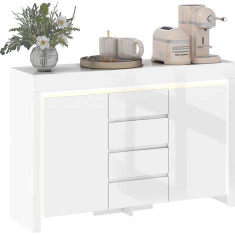 Wohnzimmer-Sideboard, Aufbewahrungsmöbel mit LED-Beleuchtung, 4 Schubladen, Türen mit Soft-Close-Funktion, 120 x 34 x 80 cm, Hochglanzweiß