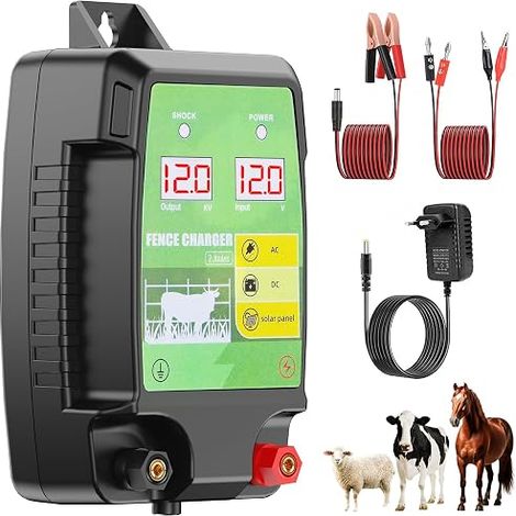 12KM Clôture Électrique pour Bétail Animaux, 12kV 3.0J Tension de Sortie Électrificateur Clôture Électrique avec Affichage LED, Protection pour Chevaux Moutons Chien Jardin Pâturages (Noir-Vert) (1/5)