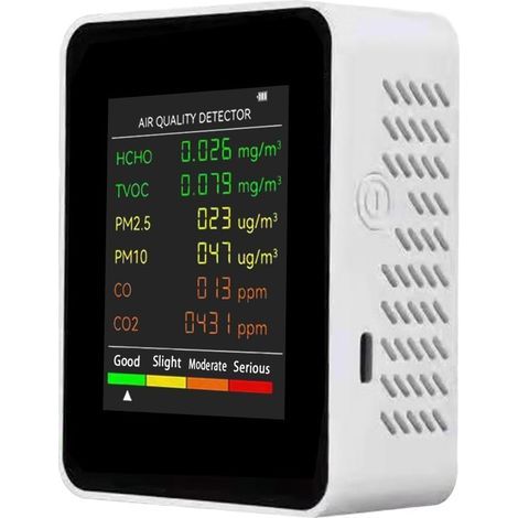 Détecteur de qualité de l'air 6 en 1 – PM2,5, PM10, HCHO, TVOC, CO, CO2 – Écran LCD rétroéclairé – Portable pour maison et bureau (1/5)