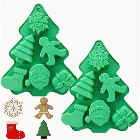 Pâtisserie - Noël - Moule en silicone antiadhésif - Pour réaliser des friandises chocolatées festives - Fudge - Biscuits - Glaçons - Bougies et gelée (Lot de 2 - Vert) (1/5)