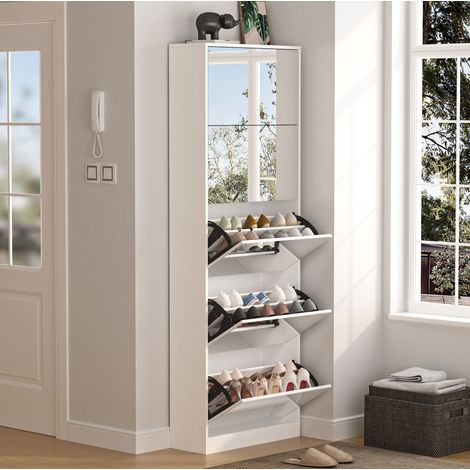 MEUBLIV Schuhschrank mit Spiegel, weiß, 63 x 23,6 x 185 cm – 5 Klappen (1/5)