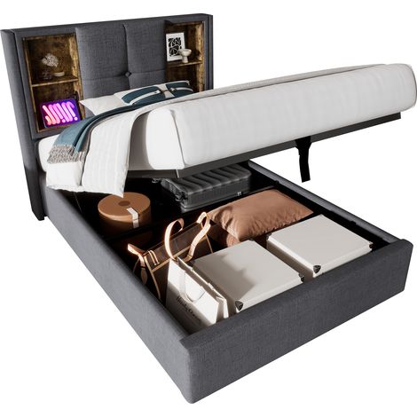 Lit coffre rembourré coton gris 90x200 cm avec chargeur sans fil + USB/Type-C, sommier à lattes bois (1/5)