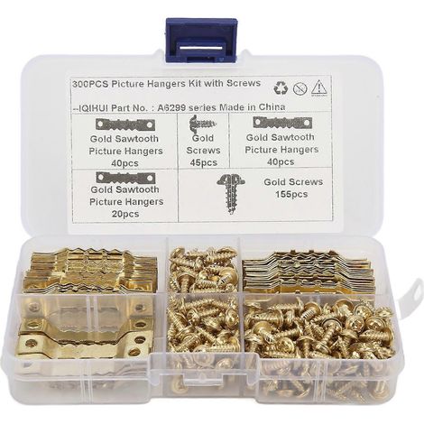 Lot de 100 crochets de suspension en dents de scie pour tableaux résistants à la rouille stables et durables avec 200 vis (dorés). (1/5)