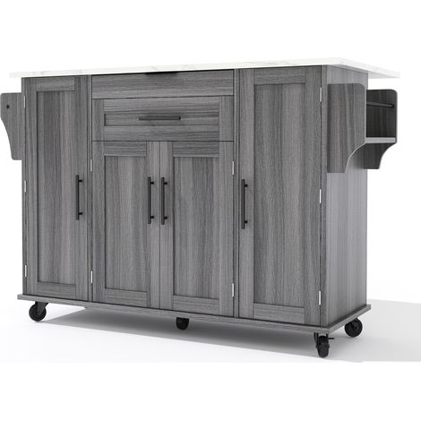 Isla de cocina móvil gris de MDF 136 x 70 x 92 cm con tablero extensible, cajones y almacenaje (1/5)