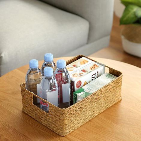 Panier de rangement tressé à la main en algues, boîte de rangement pour jouets et objets divers, jaune, 30 x 20 x 10 cm (1/5)