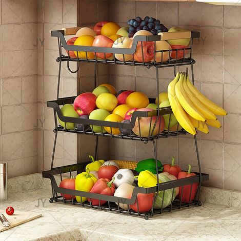 Corbeille à fruits de comptoir à 3 niveaux avec 2 cintres pour bananes pour la cuisine, organiseur métallique amovible pour pain, légumes et fruits (1/5)