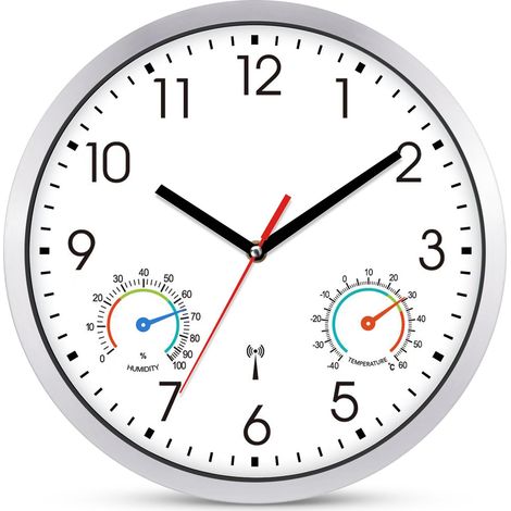 Horloge murale radio-pilotée avec affichage de la température et de l'humidité - Blanche - Silencieuse - 25 cm - Moderne - Pour salon, cuisine, chambre à coucher, bureau - Blanc (1/5)