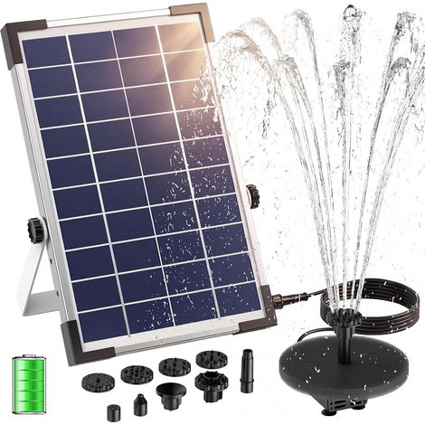 Fontaine Solaire 5,5 W avec Batterie et 6 Buses Débit 500 L/H avec Plateau Flottant pour Petit Étang Bain d'Oiseaux et Jardin (1/5)